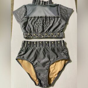 Glamour solo dance costume 2 piece gray embellished rhinestone MA adult